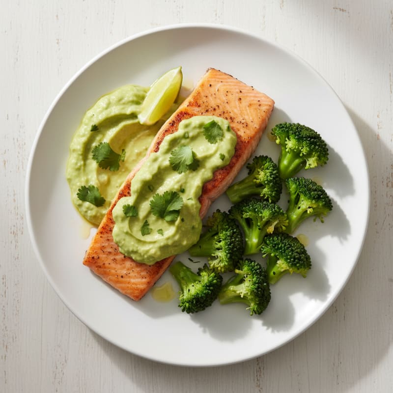 Seared Salmon with Creamy Avocado Sauce and Steamed Broccoli