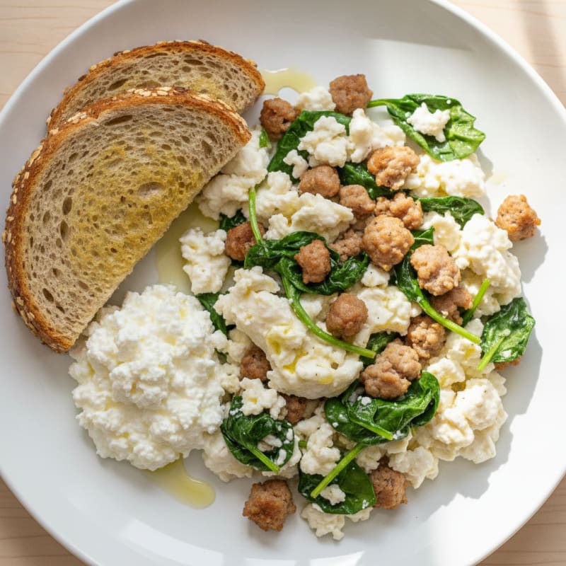 Egg White and Turkey Sausage Scramble with Sautéed Spinach and Cottage Cheese