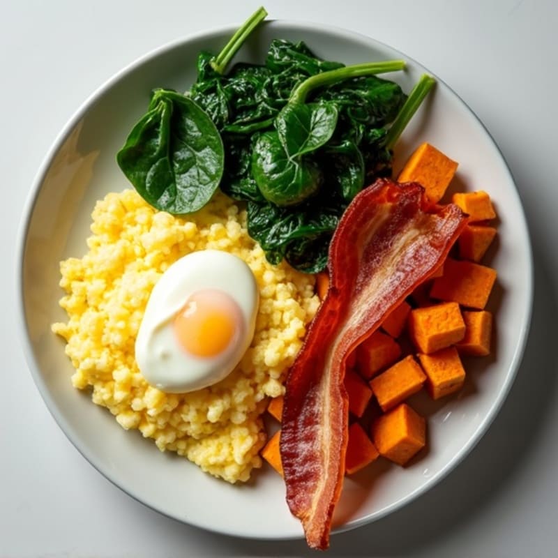 Fluffy Scrambled Eggs with Sautéed Greens and Sweet Potato Hash