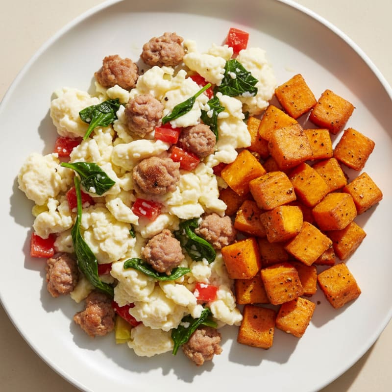 Egg White and Turkey Sausage Scramble with Roasted Sweet Potato