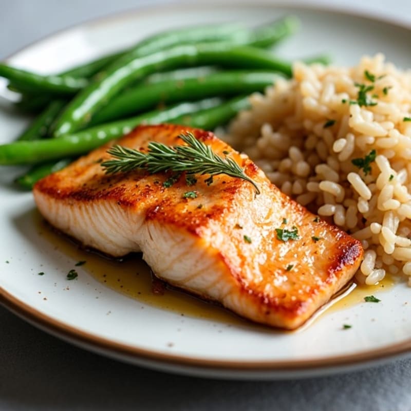 Seared Salmon with Garlic Green Beans and Brown Rice