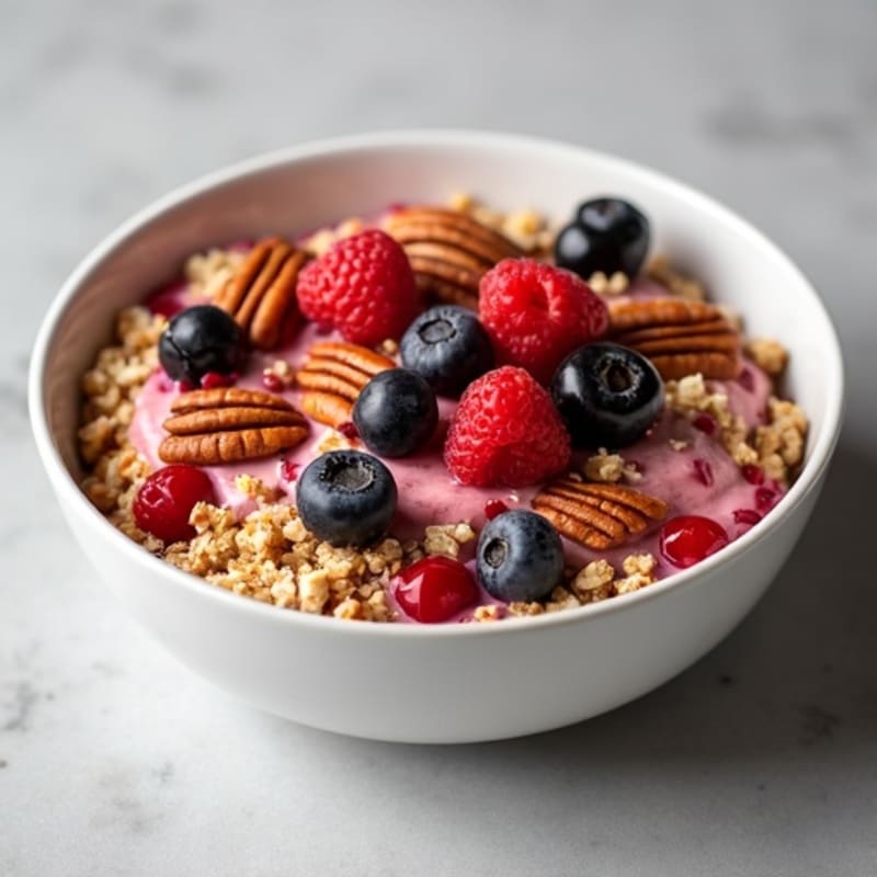 Vanilla Bean Baked Oatmeal with Berry Swirl and Toasted Pecans