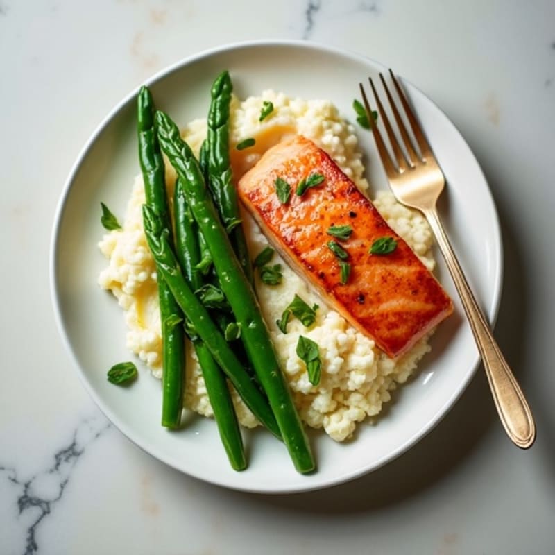 Seared Salmon with Garlic Green Beans and Cauliflower Mash