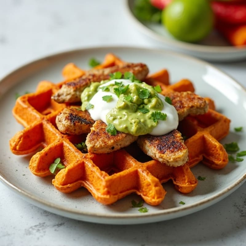 Grilled Chicken and Crispy Sweet Potato Waffles with Avocado Crema