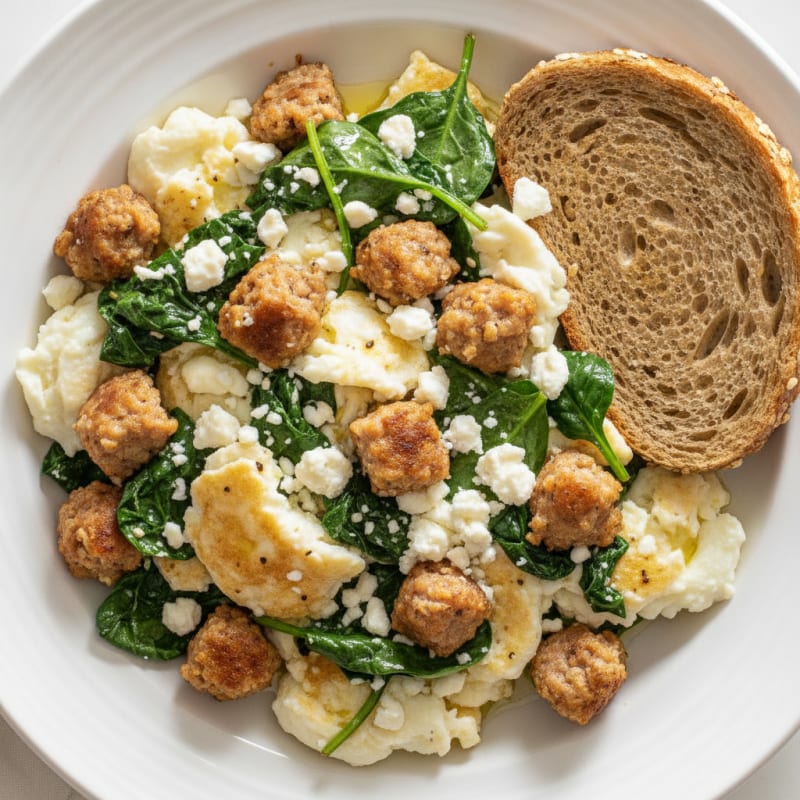 Egg White and Turkey Sausage Scramble with Spinach and Feta
