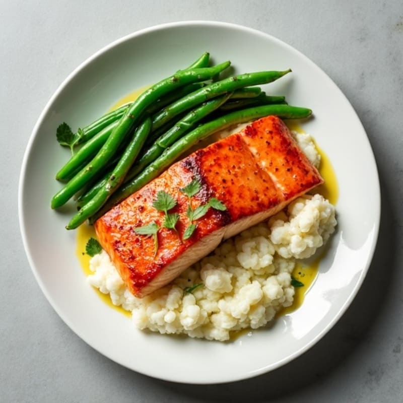 Seared Salmon Fillet with Steamed Green Beans and Cauliflower Mash