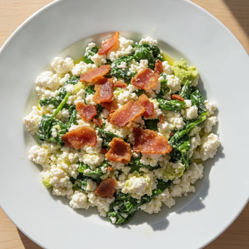 Cottage Cheese Egg White Scramble with Spinach and Turkey Bacon