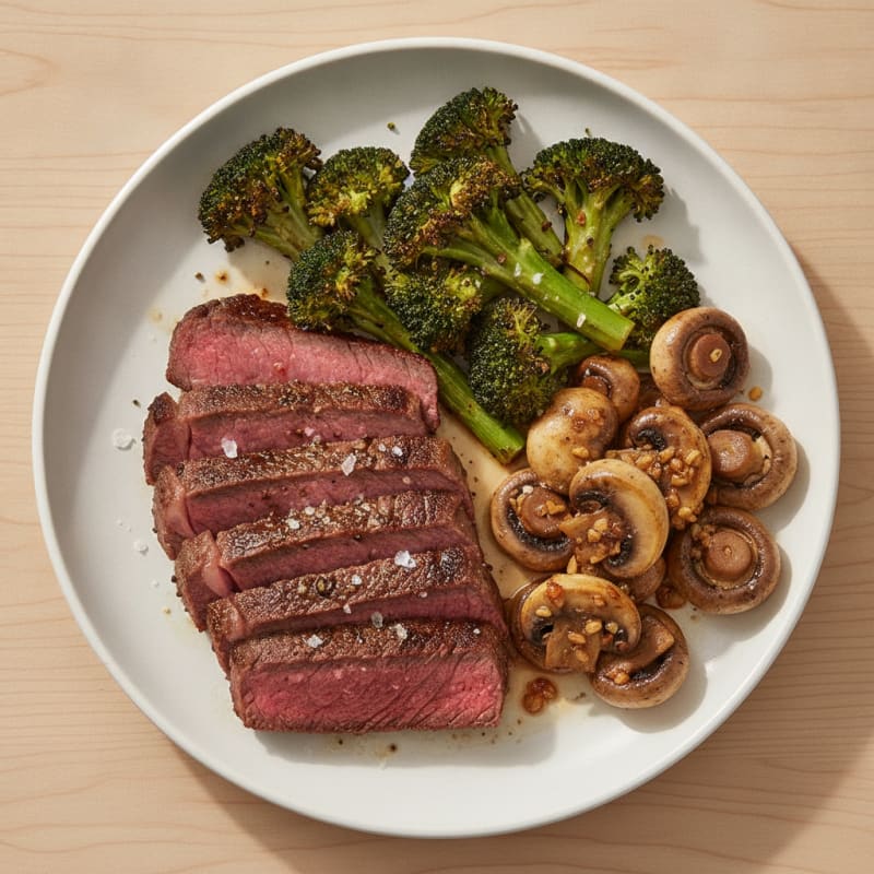 Seared Lean Beef with Roasted Broccoli and Garlic Mushrooms
