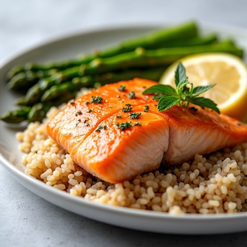 Seared Salmon with Steamed Asparagus and Brown Rice