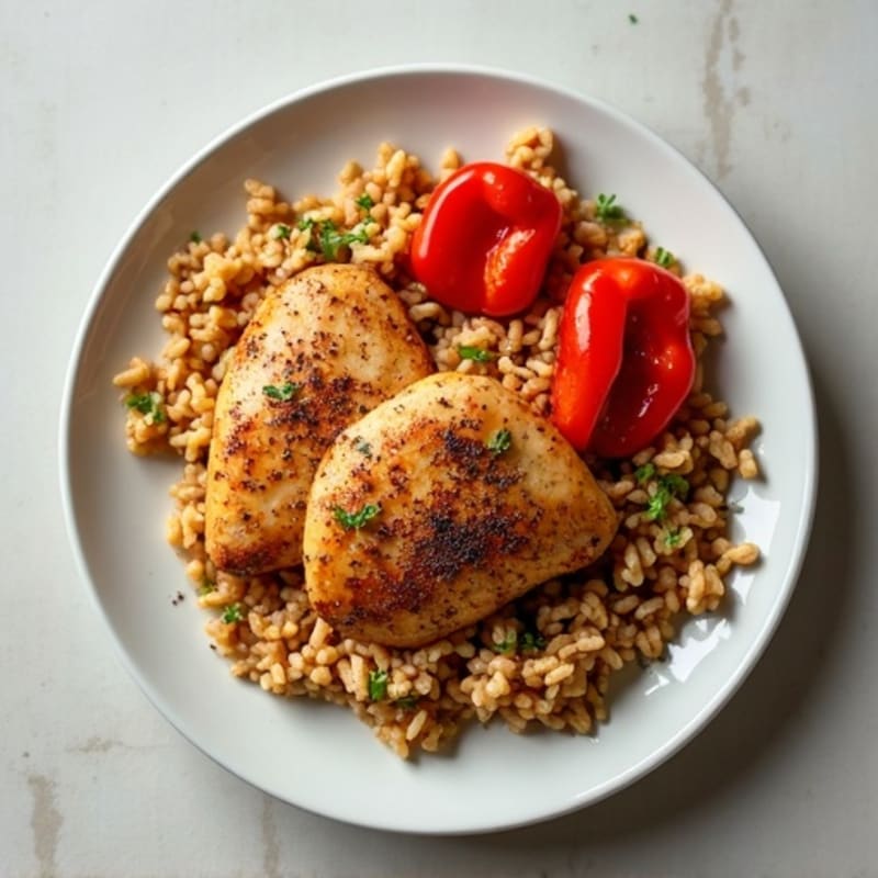 Sheet Pan Spiced Chicken and Brown Rice with Roasted Bell Peppers