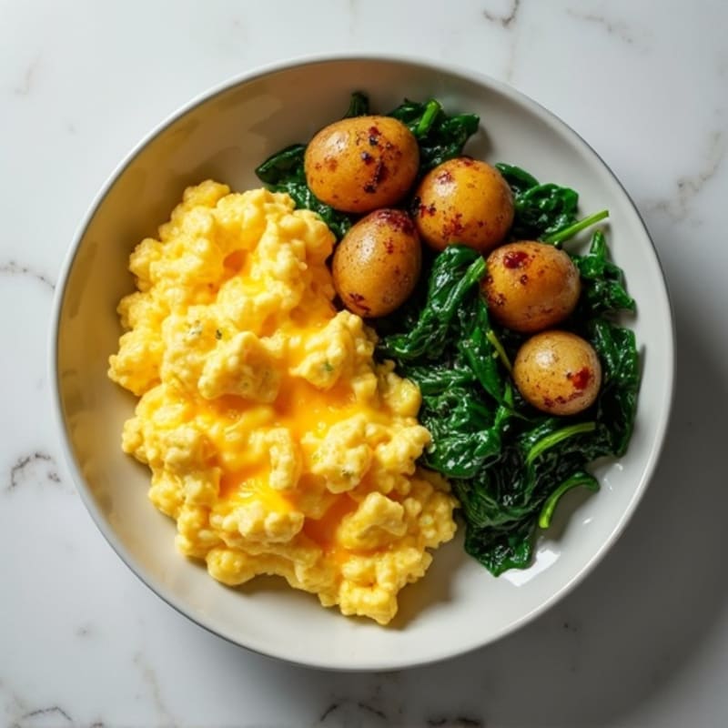 Cheesy Scrambled Eggs with Roasted Potatoes and Spinach