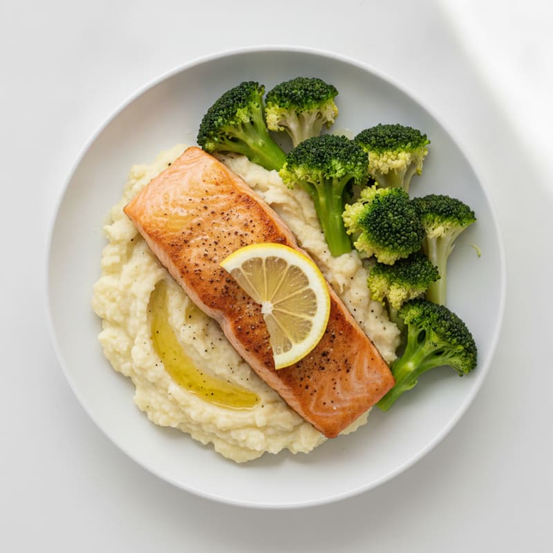 Seared Salmon with Steamed Broccoli and Garlic Cauliflower Mash