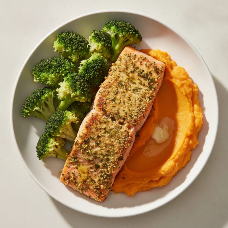 Seared Herb-Crusted Salmon with Steamed Broccoli and Sweet Potato Mash