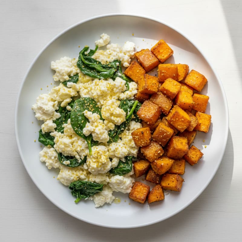 Cottage Cheese Egg White Scramble with Spinach and Roasted Sweet Potato