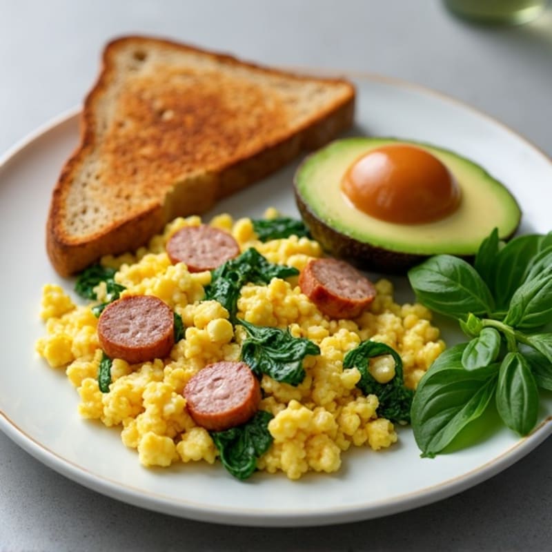 Egg White Scramble with Turkey Sausage, Spinach & Toast with Avocado