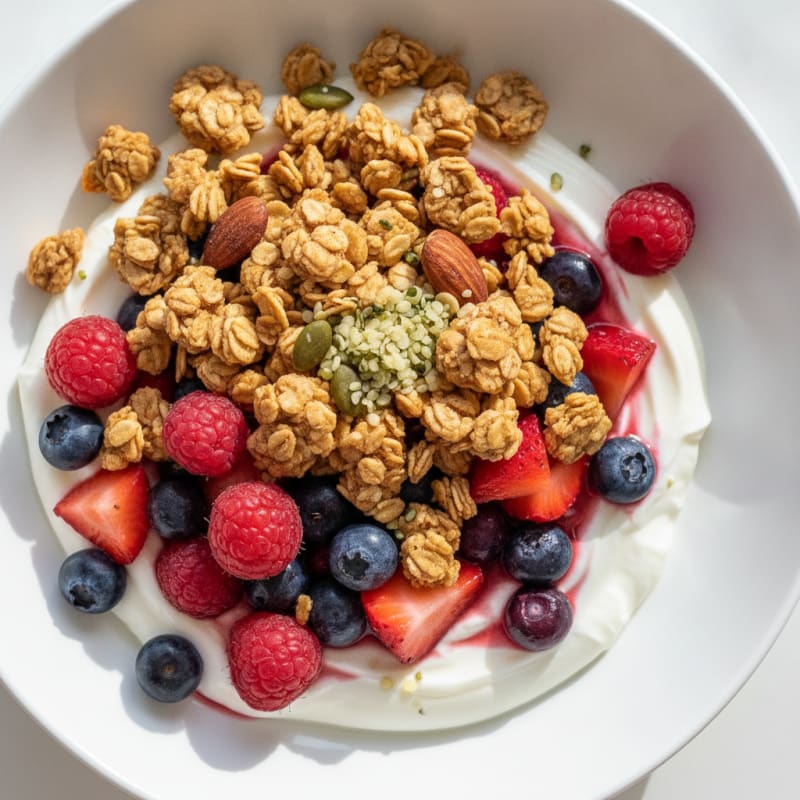 Creamy Greek Yogurt Bowl with Protein Granola and Mixed Berries