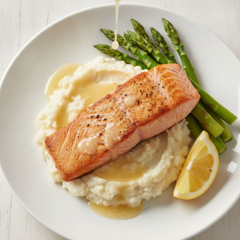 Seared Salmon Fillet with Steamed Asparagus and Cauliflower Mash