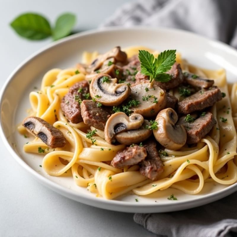 Lean Beef with Creamy Mushroom Sauce and Whole Wheat Noodles