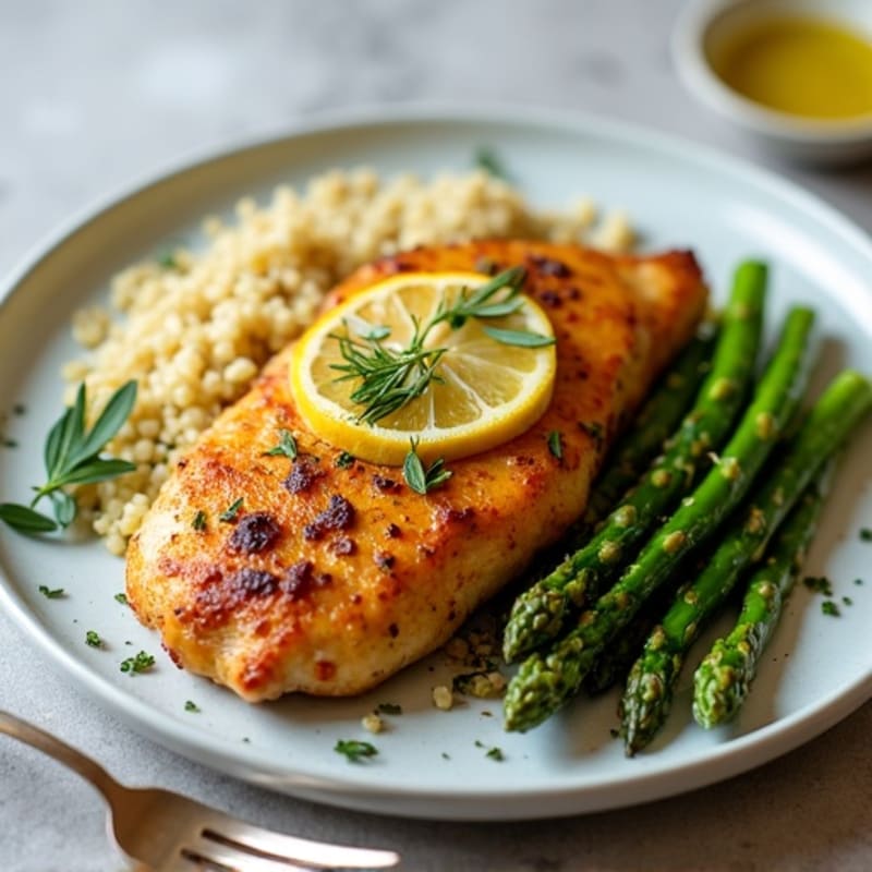 Crispy Lemon-Herb Roasted Chicken with Roasted Asparagus and Quinoa