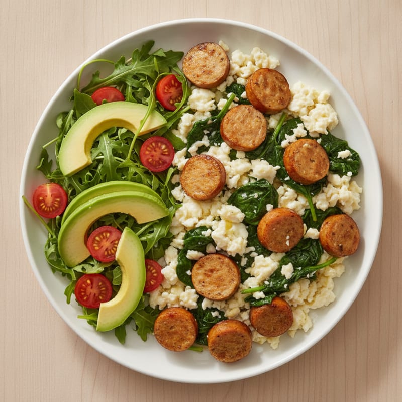 Scrambled Egg Whites with Chicken Sausage and Sautéed Spinach