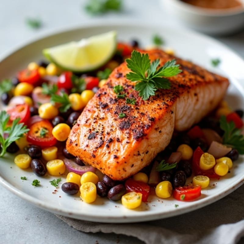 Smoky Chili-Lime Roasted Salmon with Black Bean Corn Salad