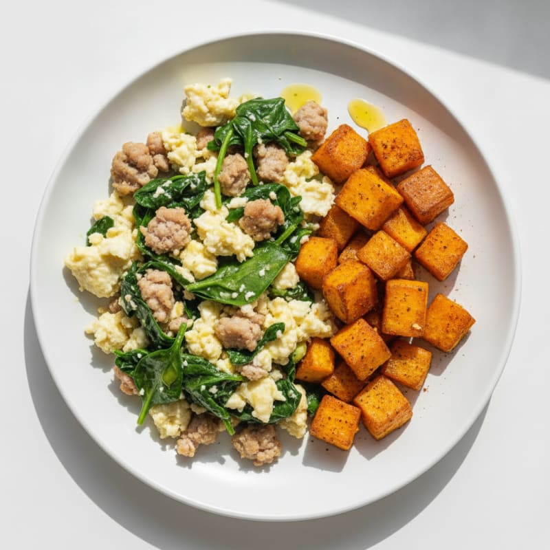 Egg White and Turkey Sausage Scramble with Spinach and Roasted Sweet Potato