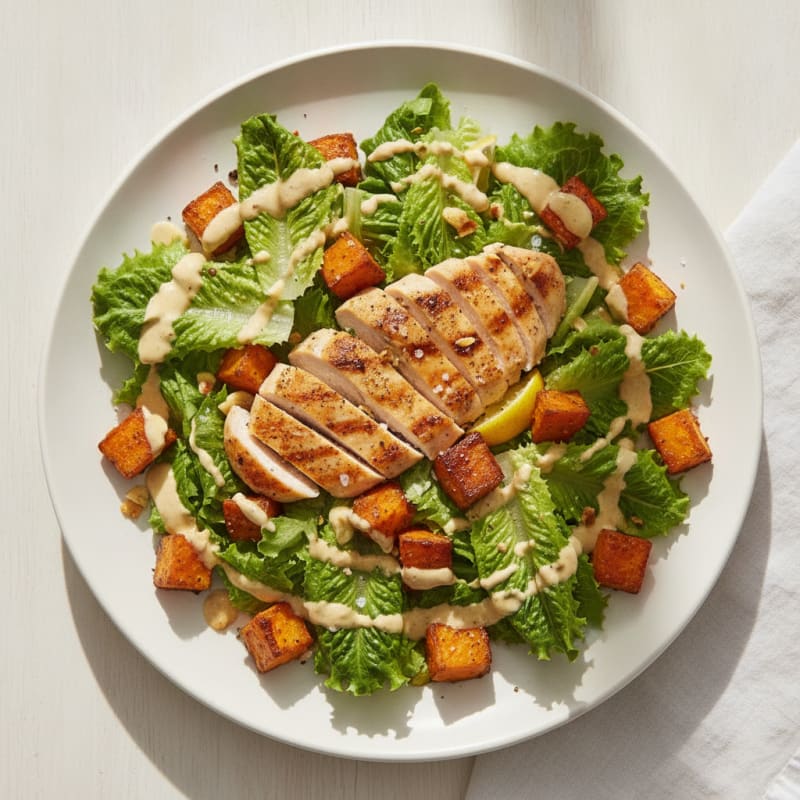 Chicken Caesar Salad with Roasted Sweet Potatoes