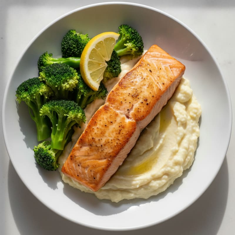 Seared Salmon with Creamy Garlic Cauliflower Mash and Steamed Broccoli