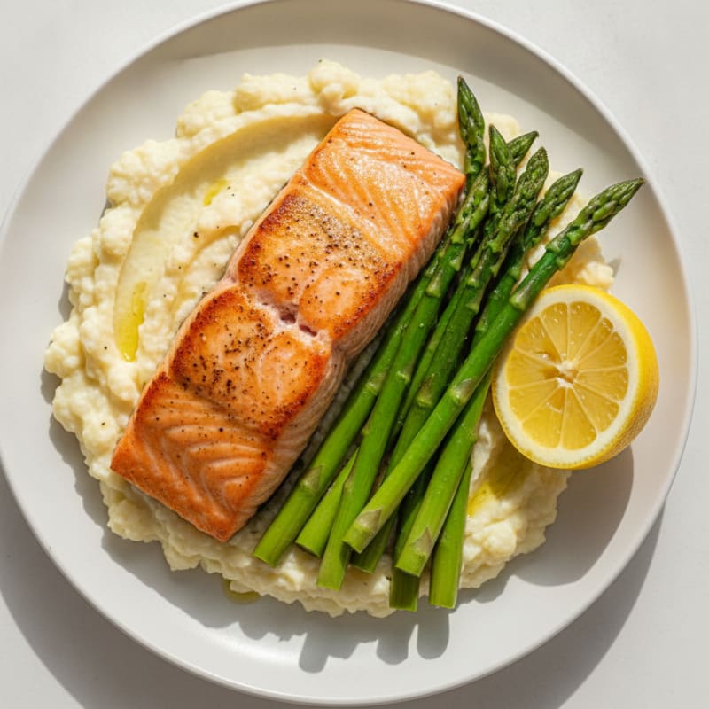 Seared Salmon Fillet with Steamed Asparagus and Cauliflower Mash
