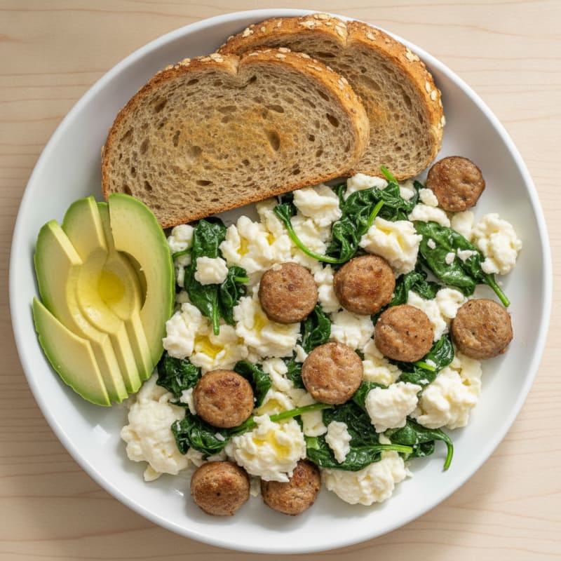 Egg White Scramble with Turkey Sausage and Sautéed Spinach