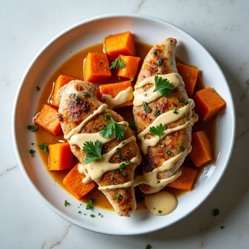 Roasted Chicken with Caramelized Sweet Potatoes and Creamy Tahini Drizzle
