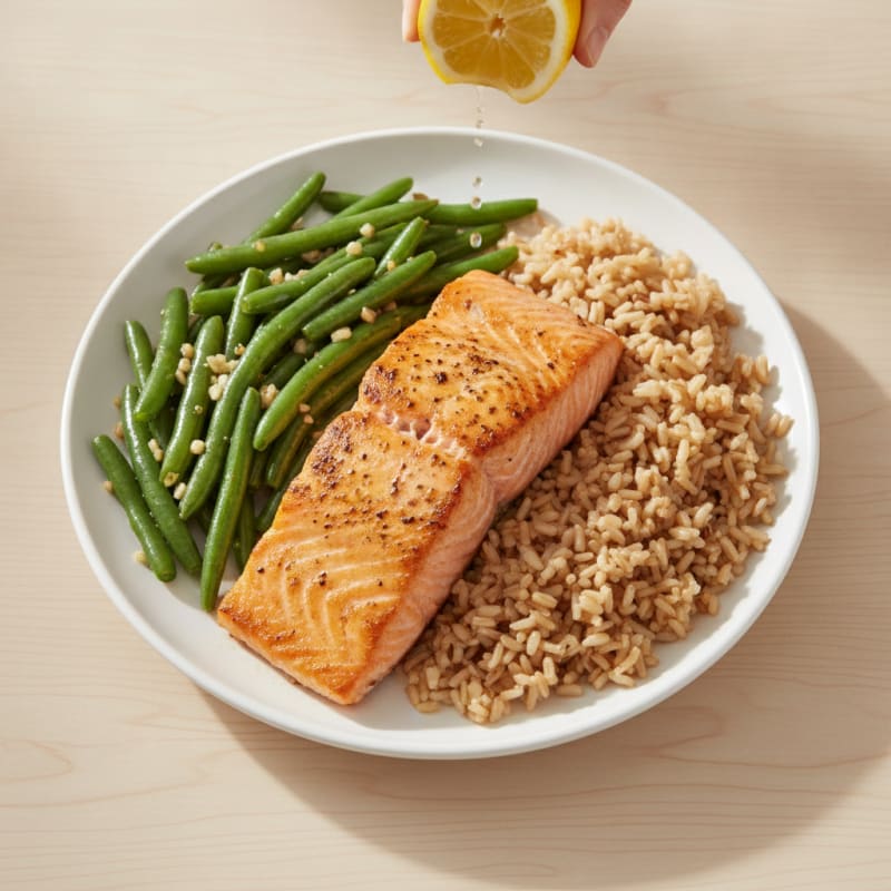 Seared Salmon with Garlic Green Beans and Brown Rice