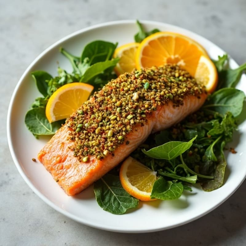 Pistachio-Crusted Roasted Salmon with Fresh Citrus Greens