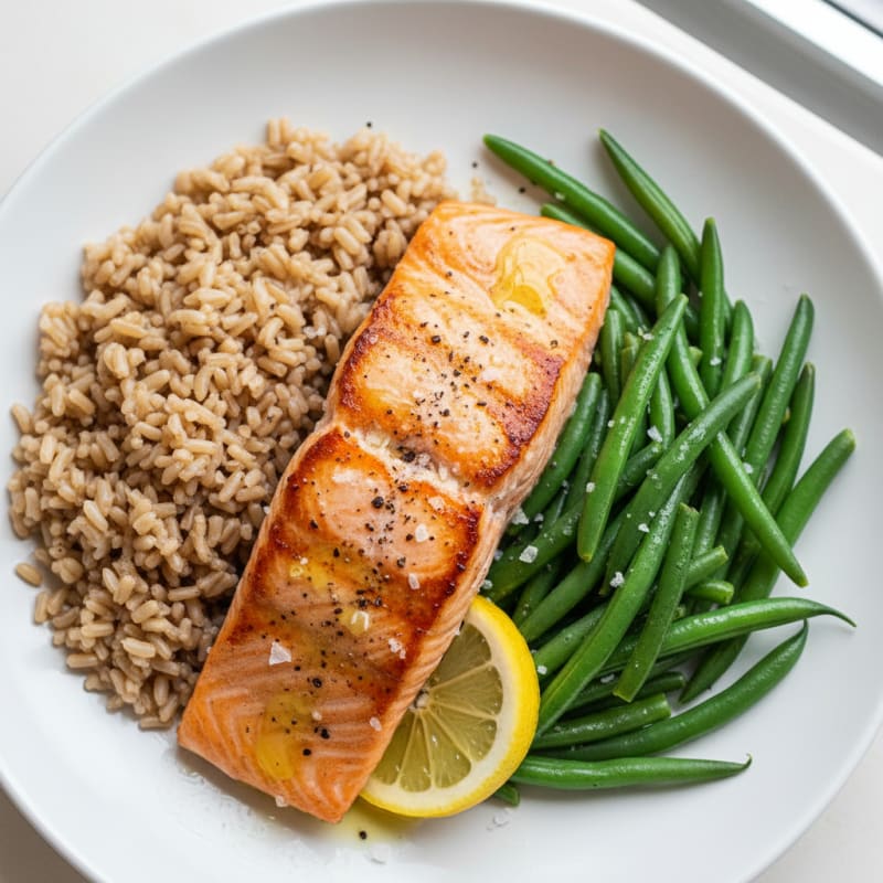 Seared Salmon with Steamed Green Beans and Brown Rice