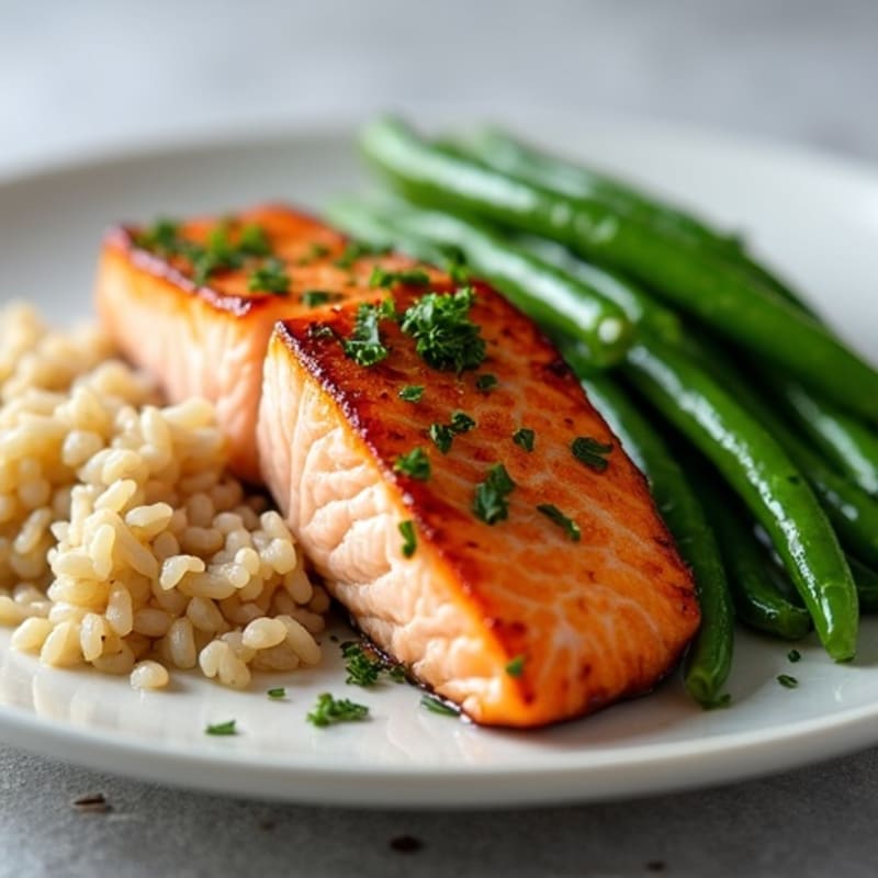 Seared Salmon with Garlic Green Beans and Herb Rice