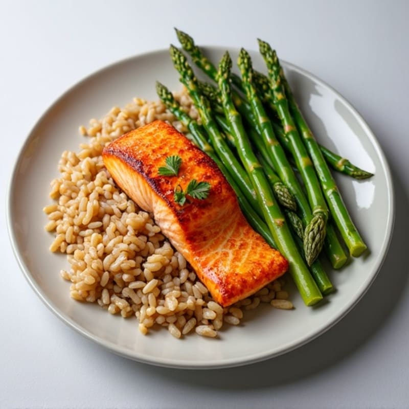 Seared Salmon with Steamed Asparagus and Brown Rice