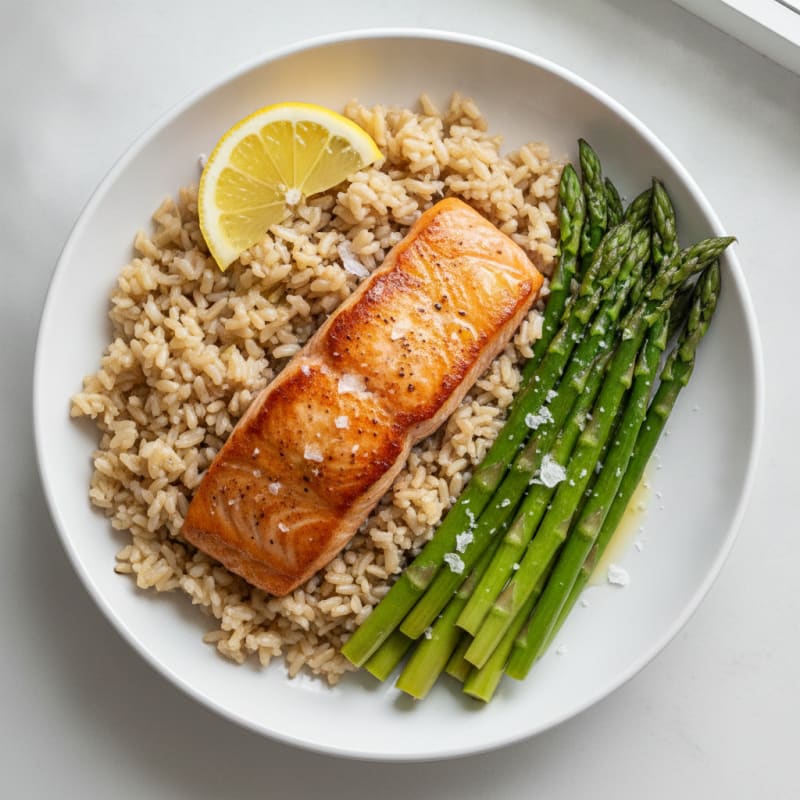 Seared Salmon with Steamed Asparagus and Brown Rice