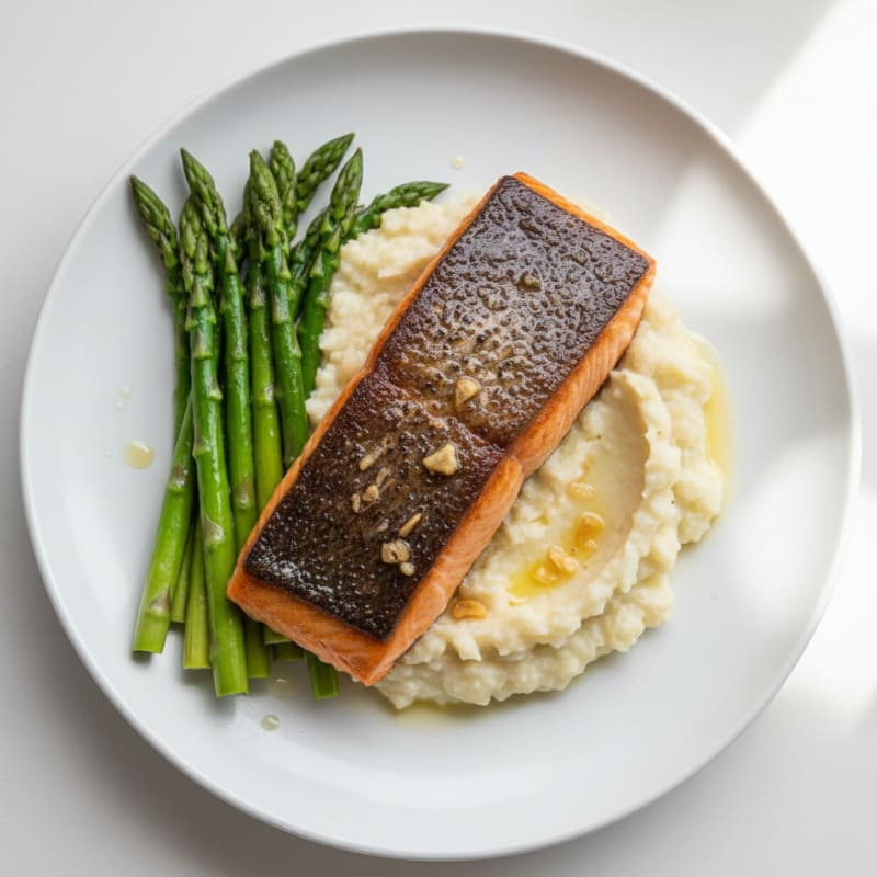 Seared Salmon with Steamed Asparagus and Garlic Cauliflower Mash