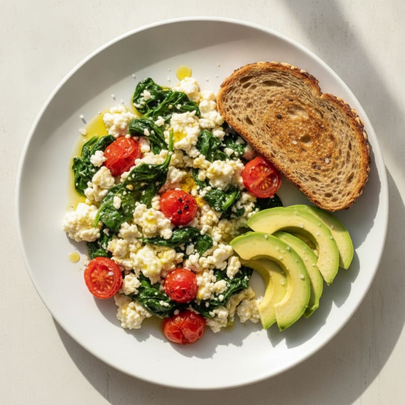 Cottage Cheese Egg White Scramble with Spinach and Tomatoes