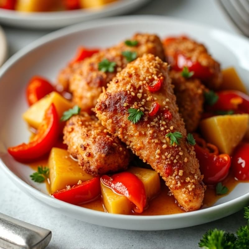 Crispy Baked Sweet and Sour Chicken with Roasted Bell Peppers