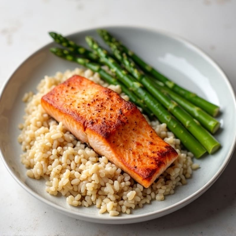Seared Salmon Fillet with Steamed Asparagus and Brown Rice