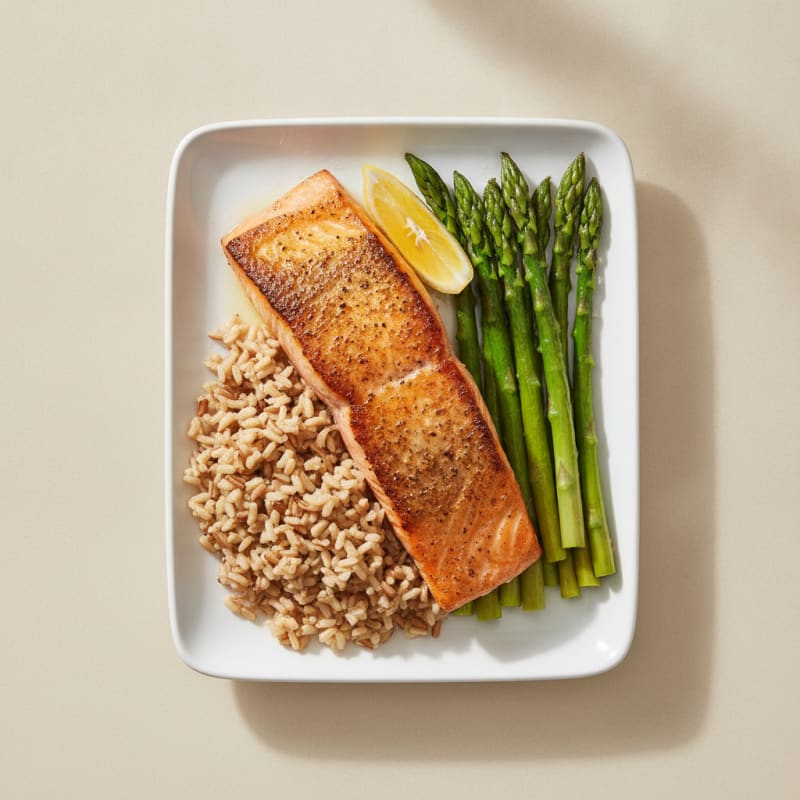 Seared Salmon with Steamed Asparagus and Brown Rice