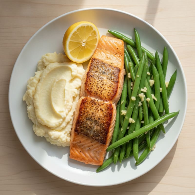 Seared Salmon Fillet with Garlic Green Beans and Mashed Cauliflower