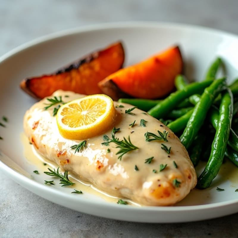 Creamy Lemon Herb Chicken with Roasted Sweet Potato Wedges and Crispy Green Beans