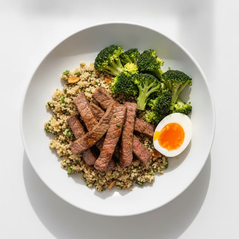 Seared Lean Beef Strips with Steamed Broccoli and Garlic Quinoa