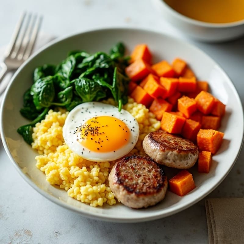 Egg White and Turkey Sausage Scramble with Spinach and Roasted Sweet Potato