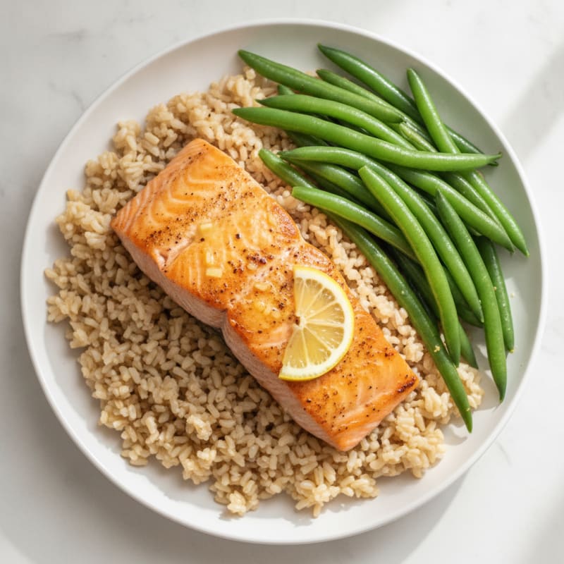 Seared Salmon with Steamed Green Beans and Brown Rice