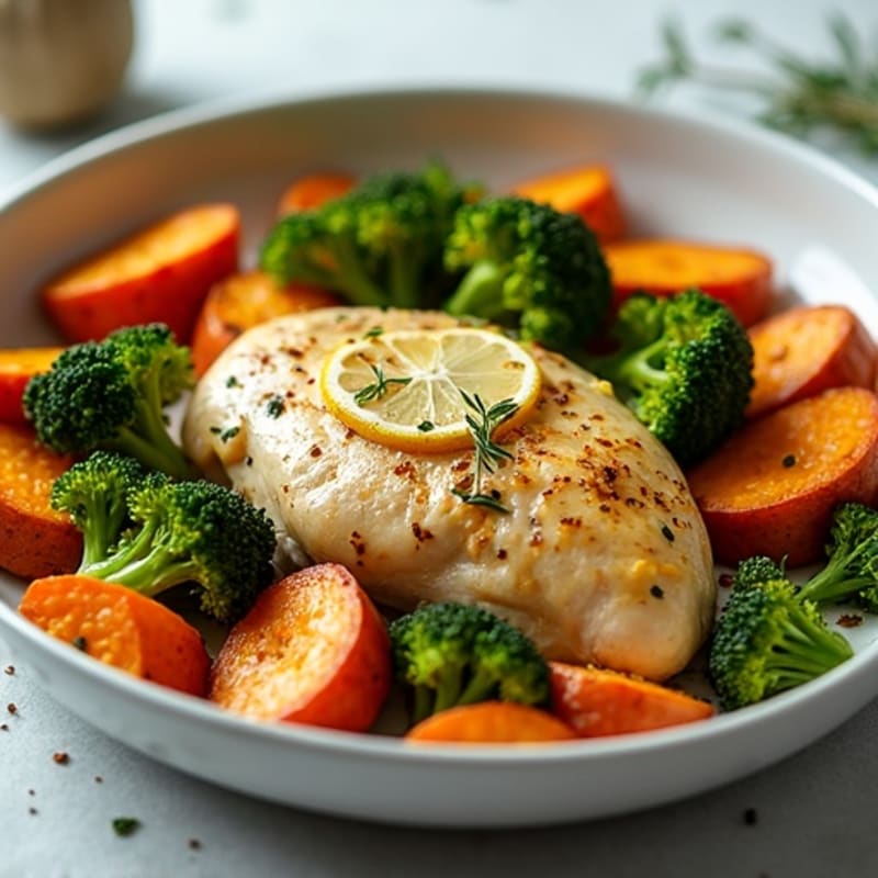 Sheet Pan Lemon Herb Roasted Chicken with Crispy Broccoli and Sweet Potatoes
