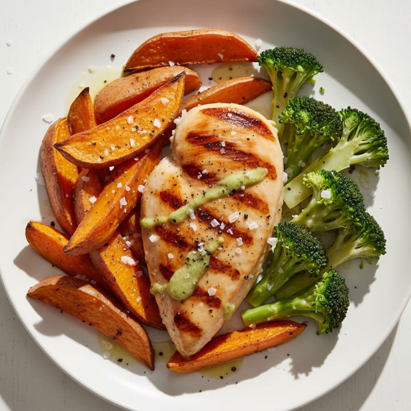 Grilled Chicken Breast with Roasted Sweet Potato and Steamed Broccoli