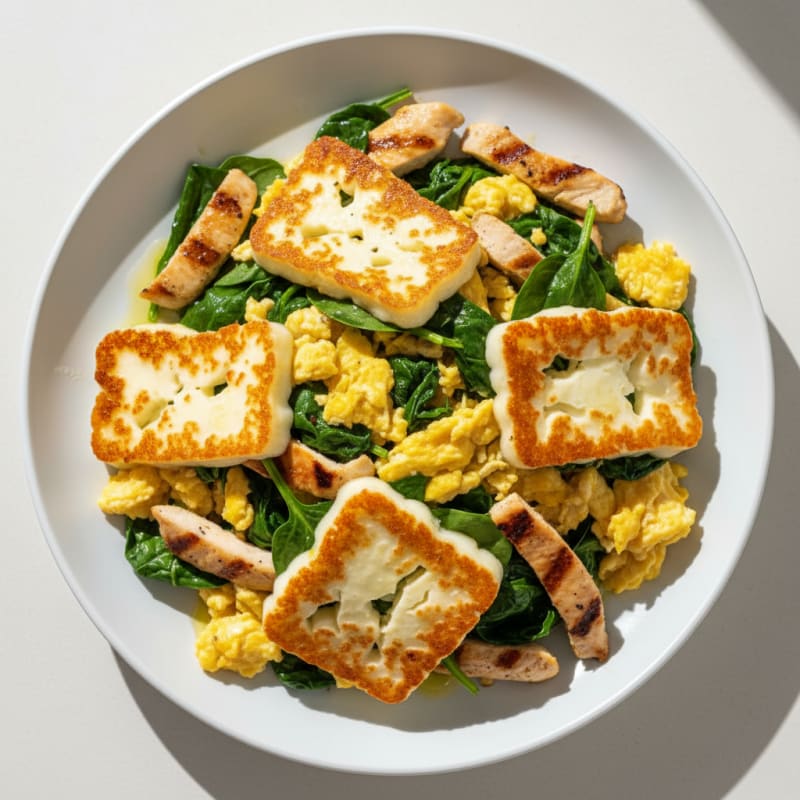 Scrambled Eggs with Grilled Chicken and Wilted Spinach